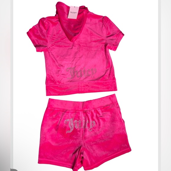 Juicy Couture Pants - Juicy Couture Hot Pink Velour Shorts Set with Rhinestone Logo